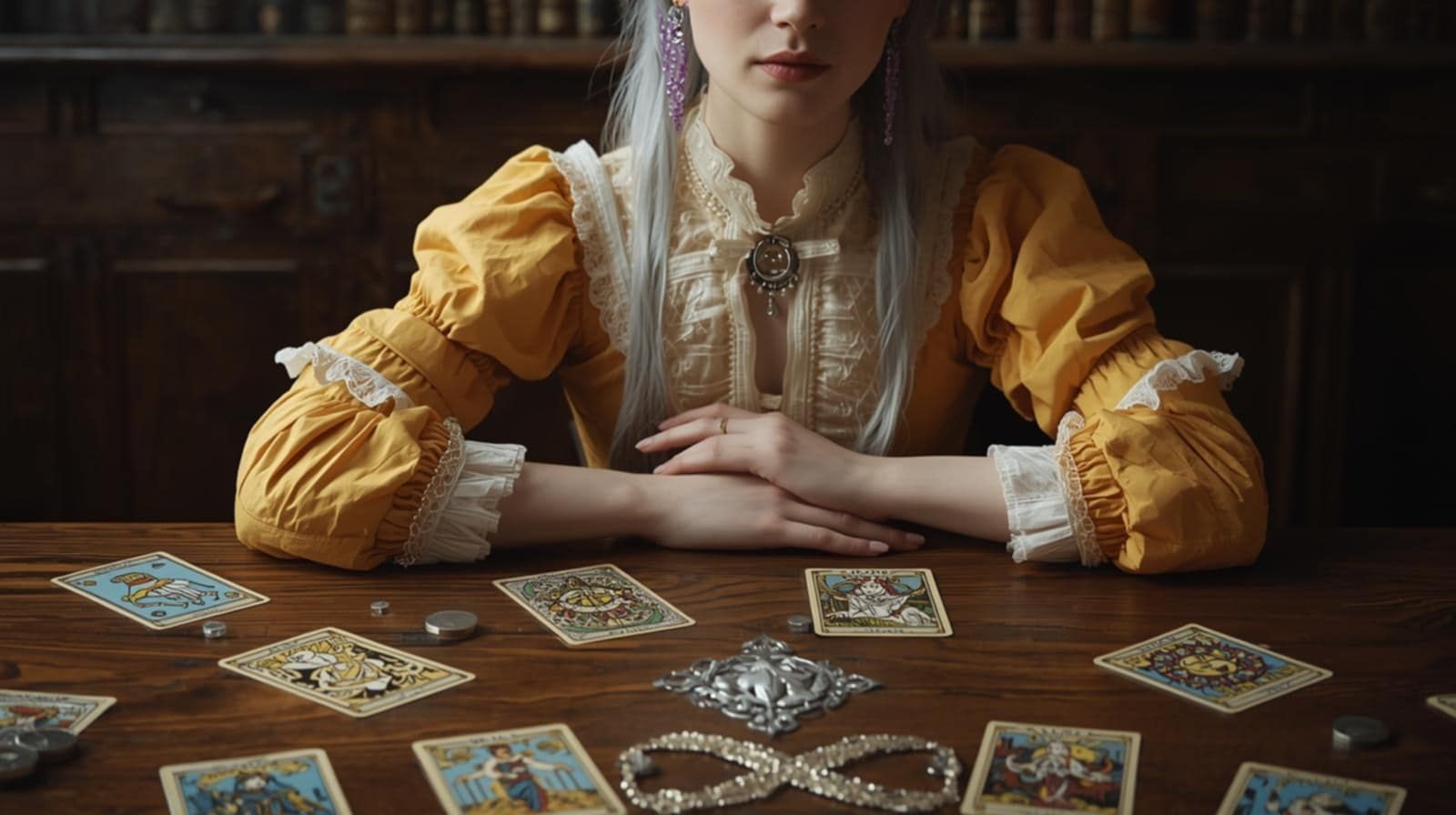 Lectura del destino con cartomancia en una habitación acogedora y la joven esoterista detras del escitorio