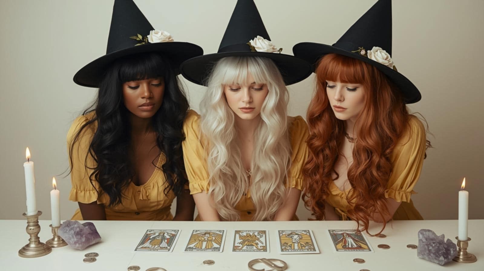 tres brujas jóvenes leyendo las cartas sobre mesa de color blanco con velas 